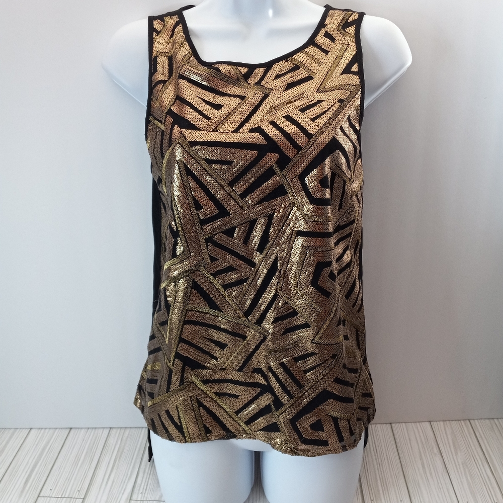 Romeo + Juliet Couture Womens Black & Gold Sleeveless Sequin Geometric Top